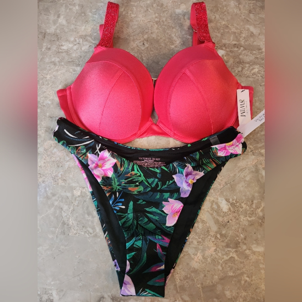 32D/XS VS Swim Shine Strap Sexy Tee Brazilian Bikini Set Tropical Island Getaway